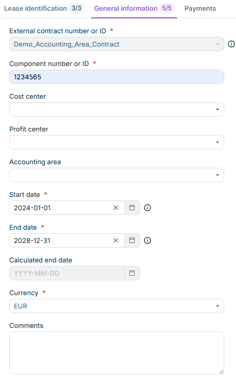 Displays the 'General information' tab, which is displayed for the configuration of a contract component.