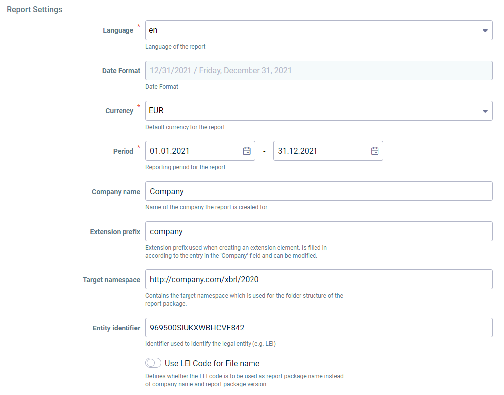 Report settings with automatically entered extension prefix and target namespace