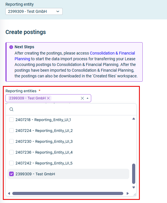 Shows the 'Create postings' workspace. Higlighted in red is the dropdown that allows for selecting multiple reporting entities for the reporting entities field.