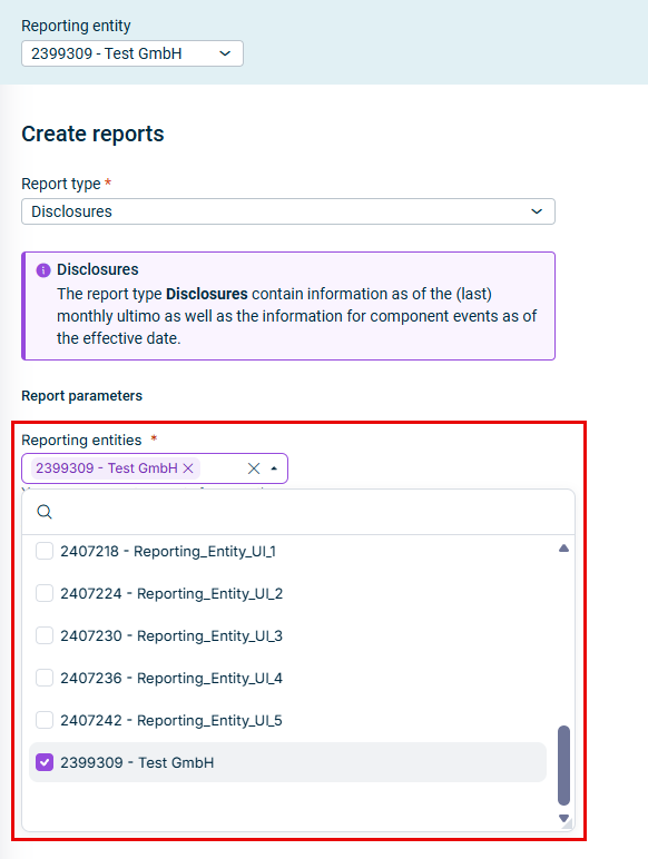 Shows the 'Create reports' workspace. Higlighted in red is the dropdown that allows for selecting multiple reporting entities for the reporting entities field.