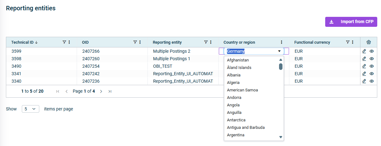 Shows the 'Reporting entities' table. In the 'Country or region' column, a drop down is opened that allows to select another country or region.