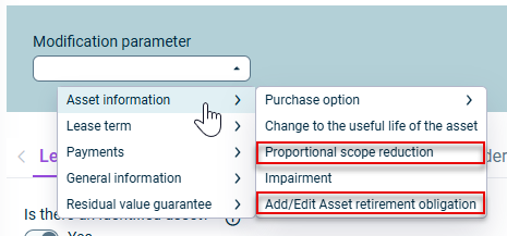 Shows the Asset information section that appears when modifying a calculated component, with the two new modification parameters available for selection.