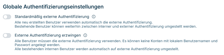 Der Bereich 'Globale Authentifizierungseinstellungen' mit den deaktivierten Einstellungen 'Standardmäßig externe Authentifizierung' und 'Externe Authentifizierung erzwingen'.