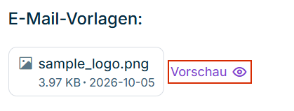 Zeigt die hochgeladene Logodatei 'sample_logo.png' mit der Option 'Vorschau' unter 'E-Mail-Vorlagen' im Arbeitsbereich 'Kundenspezifische Anpassungen' in der Lucanet CFO Solution Platform. Rot hervorgehoben ist die Option 'Vorschau'.
