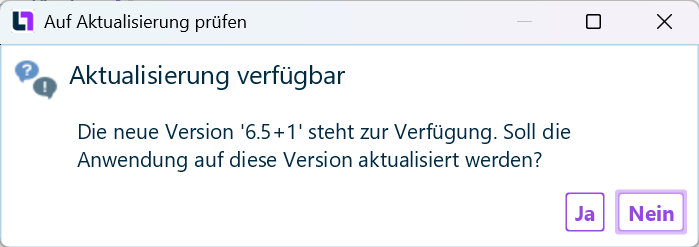 Zeigt den Dialog 'Auf Aktualisierung prüfen' im Lucanet.Software Manager mit der Meldung 'Aktualisierung verfügbar', der neuen Version '6.5+1' und den Schaltflächen 'Ja' und 'Nein'.