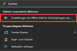 Zeigt das Suchfeld von MS Excel mit dem Befehl 'Einstellungen der Office-Add-in-Verknüpfungen zurücksetzen' unter 'Zuletzt verwendete Aktionen'.