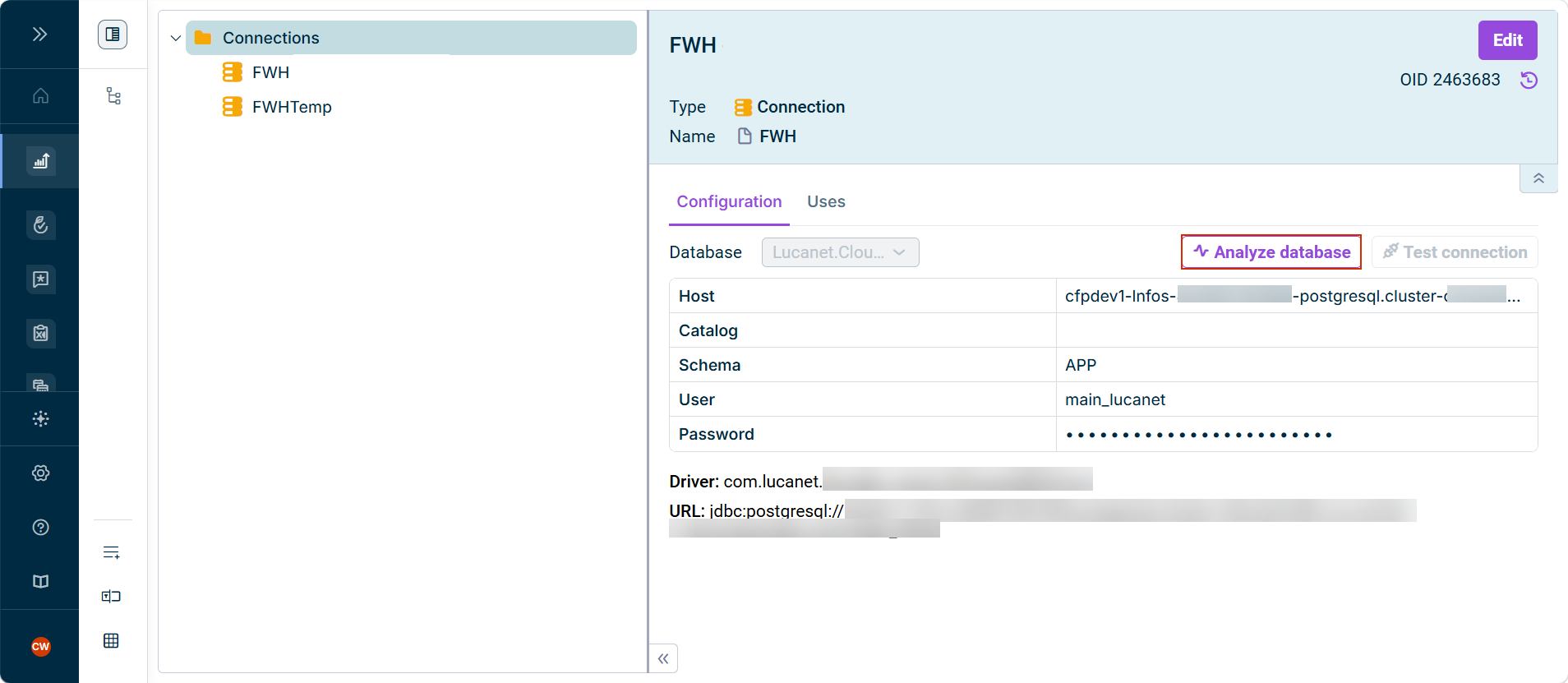 Shows the 'Configuration' tab of a connection in Lucanet Consolidation & Financial Planning with the 'Database' drop-down list. The 'Analyze database' button is outlined in red, next to the 'Test connection' button.