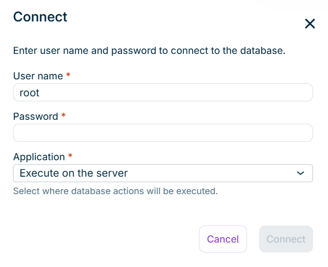 Shows the 'Connect' dialog of the 'Analyze database' function in Lucanet Consolidation & Financial Planning with the 'User name', 'Password', and 'Application' fields, and the 'Cancel' and 'Connect' buttons.