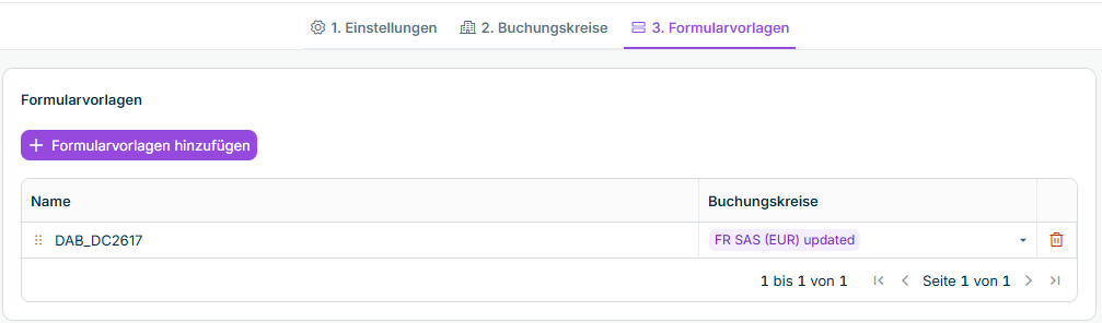 Zeigt den Schritt '3. Formularvorlagen' eines Reporting-Packages in Data Collection mit der Schaltfläche 'Formularvorlagen hinzufügen' und einer Tabelle mit den Spalten 'Name' und 'Buchungskreise'. Die Tabelle listet die Formularvorlage 'DAB_DC2617' mit dem Buchungskreis 'FR SAS (EUR) updated'. Neben der Registerkarte '3. Formularvorlagen' sind die Registerkarten '1. Einstellungen' und '2. Buchungskreise' angezeigt.