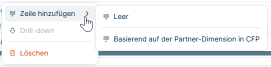 Zeigt das Kontextmenü einer Zeile in Data Collection mit den Optionen 'Zeile hinzufügen', 'Drill-down' und 'Löschen' und das Untermenü von 'Zeile hinzufügen' mit den Optionen 'Leer' und 'Basierend auf der Partner-Dimension in CFP'.