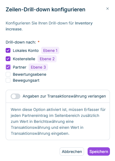 Zeigt den Dialog 'Zeilen-Drill-down konfigurieren' in Data Collection mit dem Text 'Konfigurieren Sie Ihren Drill-down für Inventory increase.', den Kontrollkästchen 'Lokales Konto', 'Kostenstelle', 'Partner', 'Bewertungsebene' und 'Bewegungsart' unter 'Drill-down nach:', den Ebenen-Kennzeichnungen 'Ebene 1', 'Ebene 2' und 'Ebene 3' neben den aktivierten Kontrollkästchen 'Lokales Konto', 'Kostenstelle' und 'Partner', dem Umschalter 'Angaben zur Transaktionswährung verlangen' mit seiner Beschreibung und den Schaltflächen 'Abbrechen' und 'Speichern'.