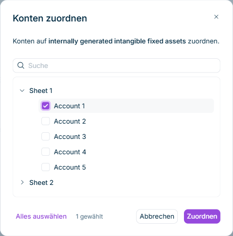 Zeigt den Dialog 'Konten zuordnen' in Data Collection mit dem Text 'Konten auf internally generated intangible fixed assets zuordnen.', einem Suchfeld, den Konten 'Account 1' bis 'Account 5' unter 'Sheet 1' mit dem gewählten Konto 'Account 1', der Gruppe 'Sheet 2', der Schaltfläche 'Alles auswählen', dem Zähler '1 gewählt' sowie den Schaltflächen 'Abbrechen' und 'Zuordnen'.
