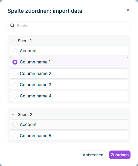 Zeigt den Dialog 'Spalte zuordnen: import data' in Data Collection mit einem Suchfeld, den Spalten 'Account' und 'Column name 1' bis 'Column name 4' unter 'Sheet 1' mit der gewählten Spalte 'Column name 1', den Spalten 'Account' und 'Column name 5' unter 'Sheet 2' sowie den Schaltflächen 'Abbrechen' und 'Zuordnen'.