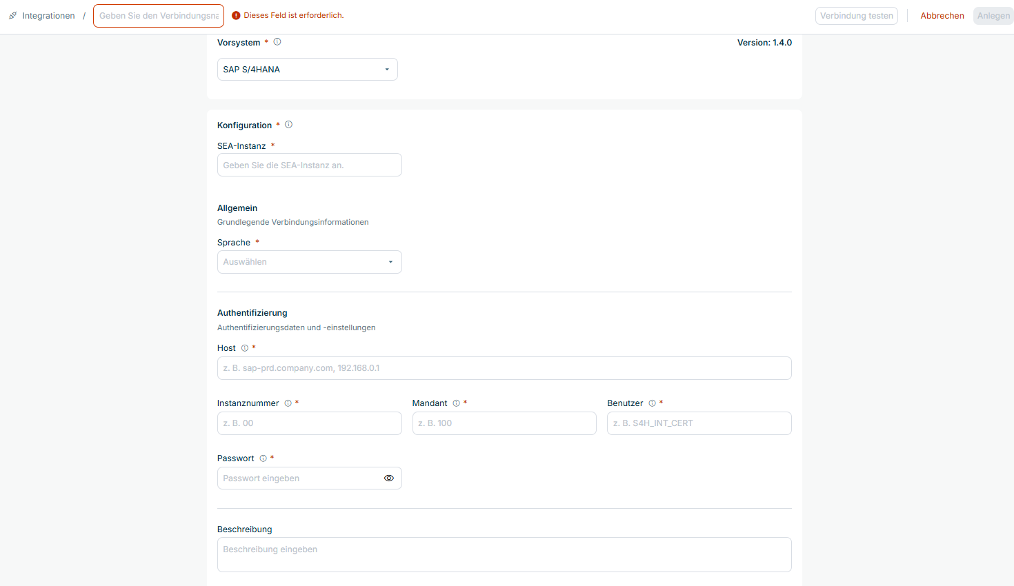 Zeigt die Verbindungseinstellungen einer SAP-S/4HANA-Verbindung in Data Hub, mit 'Version: 1.4.0' der Verbindungsvorlage im Bereich 'Vorsystem', dem Feld 'SEA-Instanz' im Bereich 'Konfiguration', dem Feld 'Sprache' im Bereich 'Allgemein', den Feldern 'Host', 'Instanznummer', 'Mandant', 'Benutzer' und 'Passwort' im Bereich 'Authentifizierung' sowie dem Feld 'Beschreibung'.