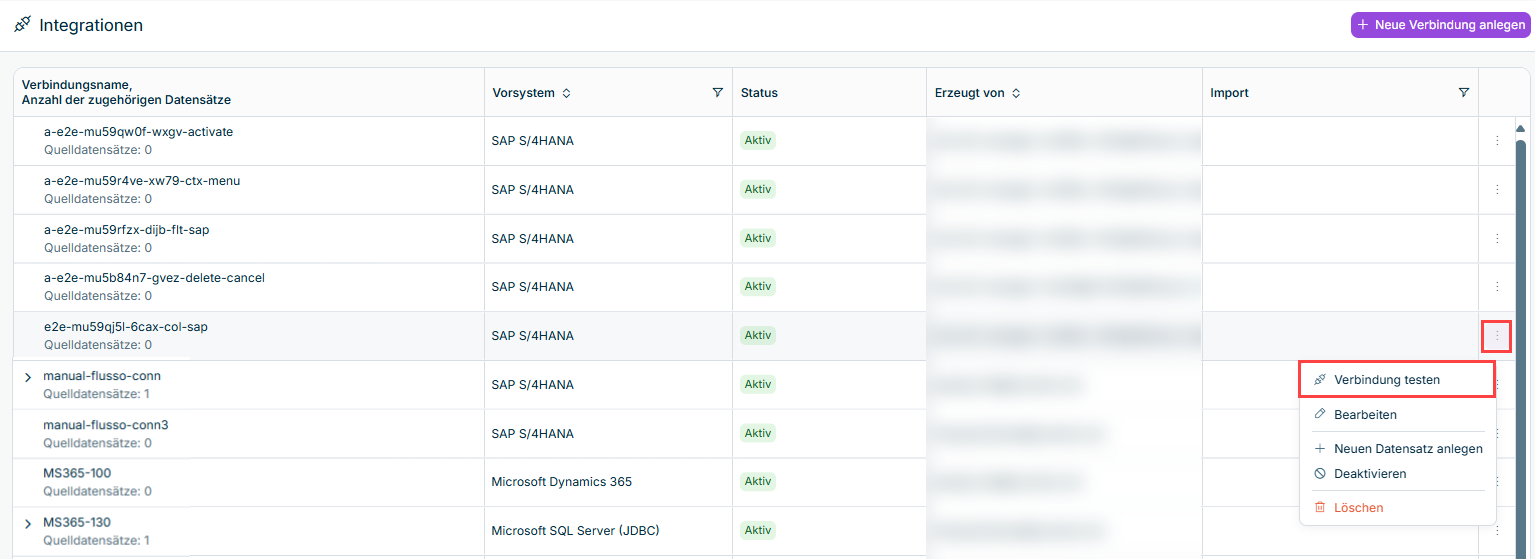 Zeigt die Seite 'Integrationen' in Data Hub mit dem über das Drei-Punkte-Symbol geöffneten Menü einer Verbindung und den Optionen 'Verbindung testen', 'Bearbeiten', 'Neuen Datensatz anlegen', 'Deaktivieren' und 'Löschen'. Rot hervorgehoben sind das Drei-Punkte-Symbol der Verbindung und die Option 'Verbindung testen'.