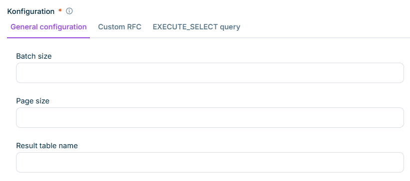 Zeigt den Bereich 'Konfiguration' eines SAP-S/4HANA-Quelldatensatzes in Data Hub mit den Reitern 'General configuration', 'Custom RFC' und 'EXECUTE_SELECT query' sowie den Feldern 'Batch size', 'Page size' und 'Result table name' des gewählten Reiters 'General configuration'.