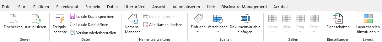 Zeigt das Ribbon 'Disclosure Management' in MS Excel mit den Gruppen 'Server', 'Datei', 'Namensverwaltung', 'Spalten', 'Zellen', 'Einstellungen' und 'Layout'.