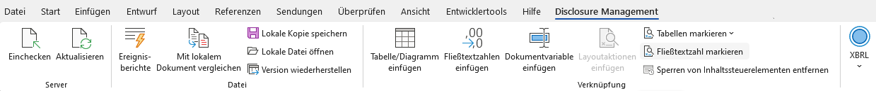 Zeigt das Ribbon 'Disclosure Management' in MS Word mit den Gruppen 'Server', 'Datei' und 'Verknüpfung' und der Schaltfläche 'XBRL'.