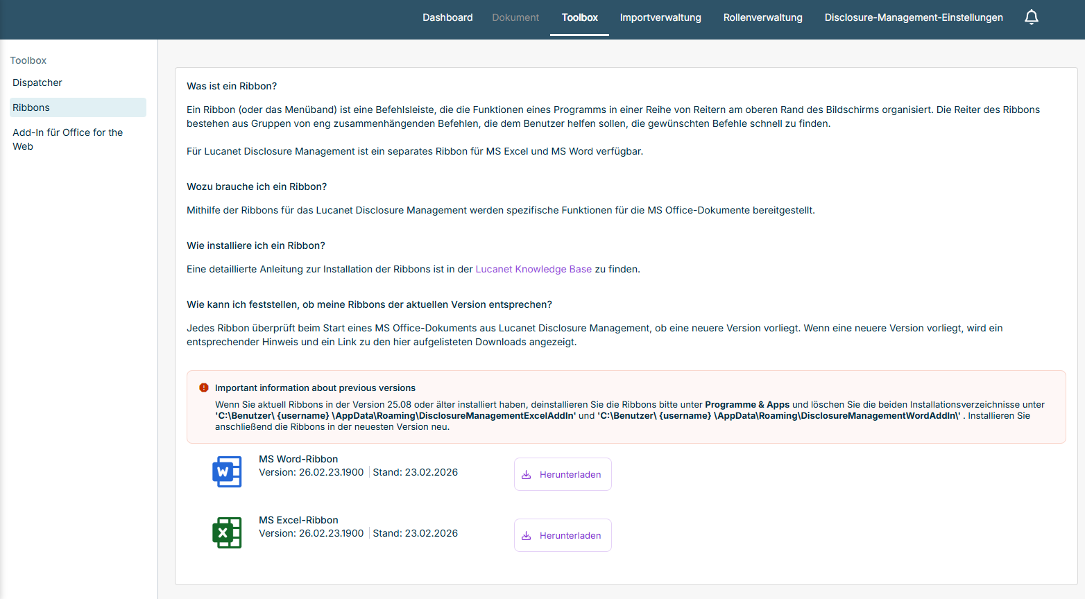 Zeigt den Bereich 'Ribbons' der 'Toolbox' in Disclosure Management mit Erläuterungen zu den Ribbons, dem Hinweis 'Important information about previous versions' und den Schaltflächen 'Herunterladen' für das 'MS Word-Ribbon' und das 'MS Excel-Ribbon'.