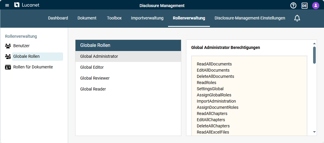 Zeigt den Arbeitsbereich 'Globale Rollen' in Disclosure Management mit den Rollen 'Global Administrator', 'Global Editor', 'Global Reviewer' und 'Global Reader' und der Liste 'Global Administrator Berechtigungen'.
