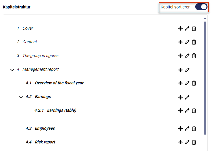 Zeigt die 'Kapitelstruktur' in Disclosure Management mit dem Unterkapitel '4.2.1 Earnings (table)' unter '4.2 Earnings'. Rot hervorgehoben ist die aktivierte Option 'Kapitel sortieren'.