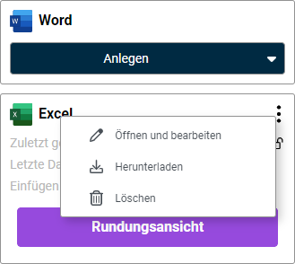 Zeigt die Bereiche 'Word' und 'Excel' in der Detailansicht eines Kapitels in Disclosure Management mit dem geöffneten Drei-Punkte-Menü der Excel-Datei und den Befehlen 'Öffnen und bearbeiten', 'Herunterladen' und 'Löschen'.