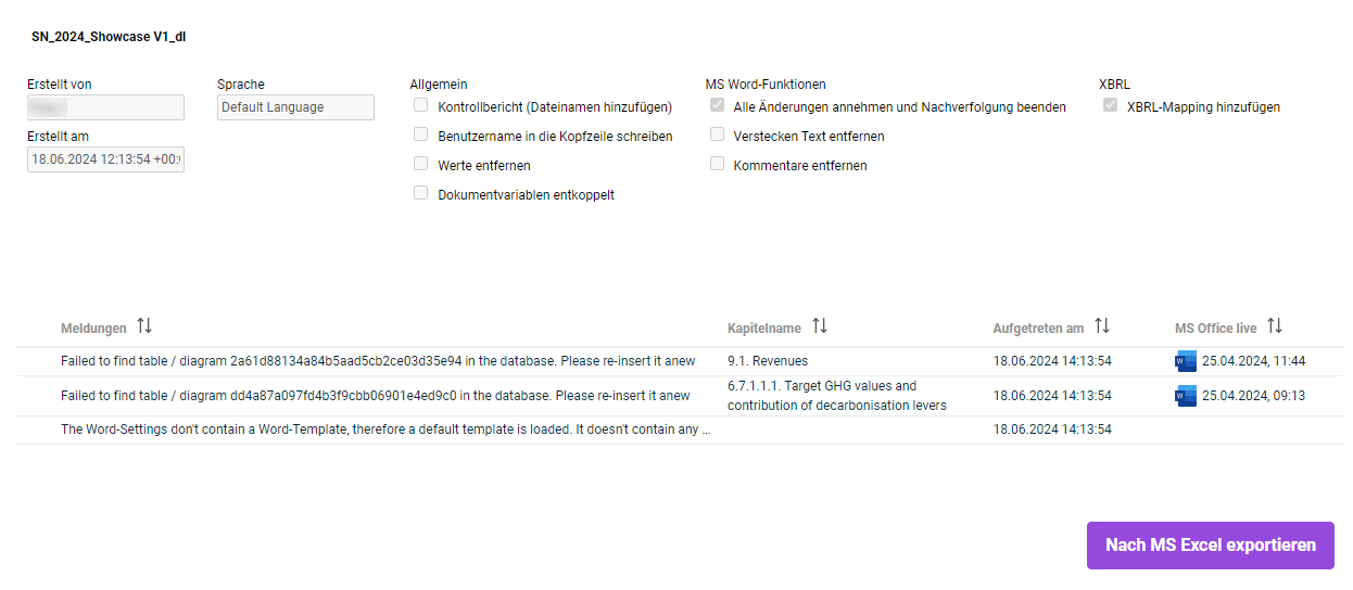 Zeigt die Detailansicht des Ergebnisdokuments 'SN_2024_Showcase V1_dl' in Disclosure Management mit den Feldern 'Erstellt von', 'Erstellt am' und 'Sprache', den Optionsbereichen 'Allgemein', 'MS Word-Funktionen' und 'XBRL', einer Tabelle mit den Spalten 'Meldungen', 'Kapitelname', 'Aufgetreten am' und 'MS Office live' und der Schaltfläche 'Nach MS Excel exportieren'.