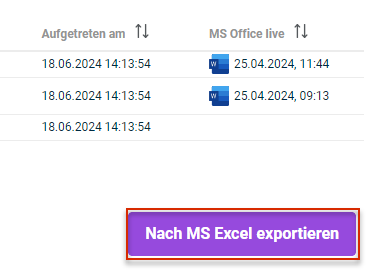 Zeigt einen Ausschnitt aus der Detailansicht einer Historie in Disclosure Management mit den Spalten 'Aufgetreten am' und 'MS Office live'. Rot markiert ist die Schaltfläche 'Nach MS Excel exportieren'.