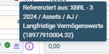 Zeigt den Tooltip eines referenzierten Werts in der Rundungsansicht von Disclosure Management mit dem Text 'Referenziert aus: XBRL - 3 2024 / Assets / AJ / Langfristige Vermögenswerte (18977910004.32)'.
