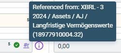 Shows the tooltip of a referenced value in the data view of Disclosure Management with the text 'Referenced from: XBRL - 3 2024 / Assets / AJ / Langfristige Vermögenswerte (18977910004.32)'.
