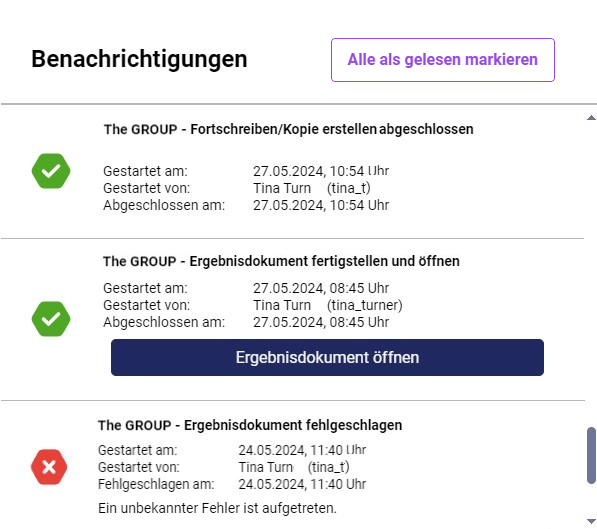 Zeigt das Fenster 'Benachrichtigungen' in Disclosure Management mit der Schaltfläche 'Alle als gelesen markieren' und den Benachrichtigungen 'The GROUP - Fortschreiben/Kopie erstellen abgeschlossen', 'The GROUP - Ergebnisdokument fertigstellen und öffnen' mit der Schaltfläche 'Ergebnisdokument öffnen' und 'The GROUP - Ergebnisdokument fehlgeschlagen' mit der Meldung 'Ein unbekannter Fehler ist aufgetreten.'