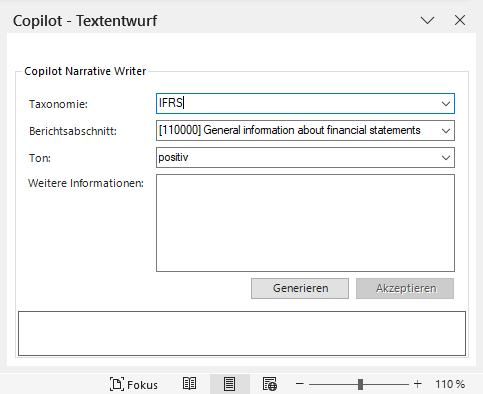 Zeigt das Fenster 'Copilot - Textentwurf' von Disclosure Management in MS Word mit dem Bereich 'Copilot Narrative Writer', den Feldern 'Taxonomie' (Wert 'IFRS'), 'Berichtsabschnitt', 'Ton' und 'Weitere Informationen' sowie den Schaltflächen 'Generieren' und 'Akzeptieren'.