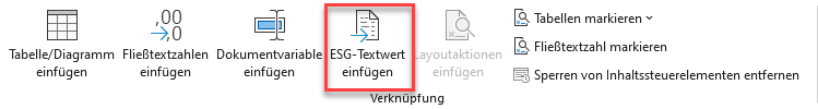 Zeigt den Bereich 'Verknüpfung' des Word-Ribbons für Disclosure Management in Office for Desktop. Rot markiert ist die Schaltfläche 'ESG-Textwert einfügen'.