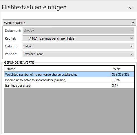 Zeigt die Bereiche 'WERTEQUELLE' und 'GEFUNDENE WERTE' des Fensters 'Fließtextzahlen einfügen' in Disclosure Management mit den Feldern 'Dokument', 'Kapitel', 'Column' und 'Periode' und einer Liste von Werten mit den Spalten 'Name' und 'Wert'.