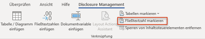Zeigt einen Ausschnitt der Registerkarte 'Disclosure Management' des Word-Ribbons in Office for Desktop. Rot markiert ist die Schaltfläche 'Fließtextzahl markieren'.