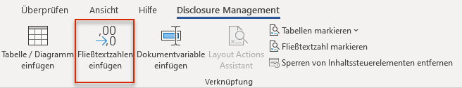Zeigt einen Ausschnitt des Word-Ribbons für Disclosure Management in Office for Desktop. Rot markiert ist die Schaltfläche 'Fließtextzahlen einfügen'.