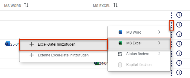 Zeigt das Kontextmenü eines Kapitels im Cockpit von Disclosure Management mit den Einträgen 'MS Word', 'MS Excel', 'Status ändern' und 'Kapitel löschen' und das Untermenü von 'MS Excel' mit 'Excel-Datei hinzufügen' und 'Externe Excel-Datei hinzufügen'. Rot markiert sind das Drei-Punkte-Symbol, 'MS Excel' und 'Excel-Datei hinzufügen'.