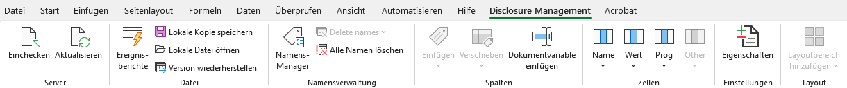 Zeigt die Registerkarte 'Disclosure Management' des Excel-Ribbons in Office for Desktop mit den Bereichen 'Server', 'Datei', 'Namensverwaltung', 'Spalten', 'Zellen', 'Einstellungen' und 'Layout'.