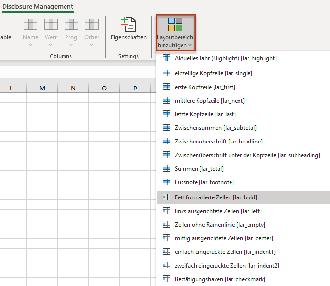 Zeigt einen Ausschnitt des Excel-Ribbons für Disclosure Management in Office for Desktop mit dem geöffneten Menü der Schaltfläche 'Layoutbereich hinzufügen' und Layouts wie 'Aktuelles Jahr (Highlight) [lar_highlight]', 'einzeilige Kopfzeile [lar_single]', 'Summen [lar_total]' und 'einfach eingerückte Zellen [lar_indent1]'. Rot markiert ist die Schaltfläche 'Layoutbereich hinzufügen'.