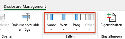 Zeigt einen Ausschnitt des Excel-Ribbons für Disclosure Management in Office for Desktop. Rot markiert ist der Bereich 'Zellen' mit den Schaltflächen 'Name', 'Wert', 'Prog' und 'Other'.