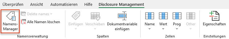 Zeigt einen Ausschnitt des Excel-Ribbons für Disclosure Management in Office for Desktop mit den Bereichen 'Namensverwaltung', 'Spalten', 'Zellen' und 'Einstellungen'. Rot markiert ist die Schaltfläche 'Namens-Manager'.