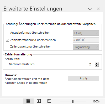 Zeigt das Fenster 'Erweiterte Einstellungen' von Disclosure Management in MS Excel mit dem Hinweis 'Achtung: Änderungen überschreiben dokumentenweite Vorgaben!', den Optionen 'Ausgabeformat überschreiben', 'Zahlenformatierung überschreiben' und 'Zeilenzuweisung überschreiben', dem Bereich 'Zahlenformatierung' mit 'Nachkommastellen' und der Schaltfläche 'Apply'.