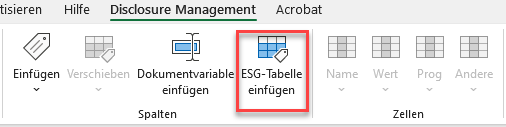 Zeigt die Bereiche 'Spalten' und 'Zellen' des Excel-Ribbons für Disclosure Management in Office for Desktop. Rot markiert ist die Schaltfläche 'ESG-Tabelle einfügen'.