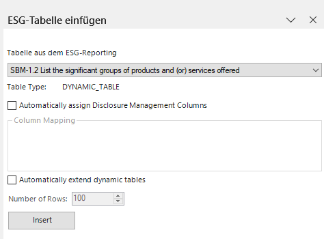 Zeigt den Dialog 'ESG-Tabelle einfügen' von Disclosure Management in MS Excel mit der Dropdown-Liste 'Tabelle aus dem ESG-Reporting', dem 'Table Type' 'DYNAMIC_TABLE', den Optionen 'Automatically assign Disclosure Management Columns' und 'Automatically extend dynamic tables', dem Bereich 'Column Mapping', dem Feld 'Number of Rows' und der Schaltfläche 'Insert'.