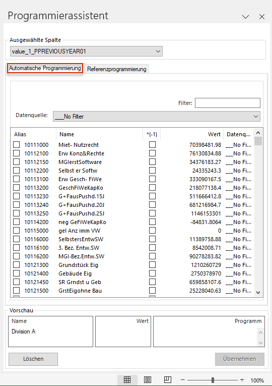 Zeigt das Fenster 'Programmierassistent' von Disclosure Management in MS Excel mit der Dropdown-Liste 'Ausgewählte Spalte', dem Reiter 'Automatische Programmierung' mit dem Feld 'Filter', der Dropdown-Liste 'Datenquelle' und einer Liste von Berichtswerten mit den Spalten 'Alias', 'Name', '*(-1)', 'Wert' und 'Datenq...', der 'Vorschau' und den Schaltflächen 'Löschen' und 'Übernehmen'. Rot markiert ist der Reiter 'Automatische Programmierung'.
