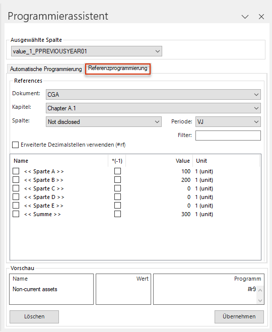 Zeigt das Fenster 'Programmierassistent' von Disclosure Management in MS Excel mit dem Reiter 'Referenzprogrammierung', dem Bereich 'References' mit den Dropdown-Listen 'Dokument', 'Kapitel', 'Spalte' und 'Periode', dem Feld 'Filter', der Option 'Erweiterte Dezimalstellen verwenden (#rf)', einer Liste von Berichtswerten mit den Spalten 'Name', '*(-1)', 'Value' und 'Unit', der 'Vorschau' und den Schaltflächen 'Löschen' und 'Übernehmen'. Rot markiert ist der Reiter 'Referenzprogrammierung'.