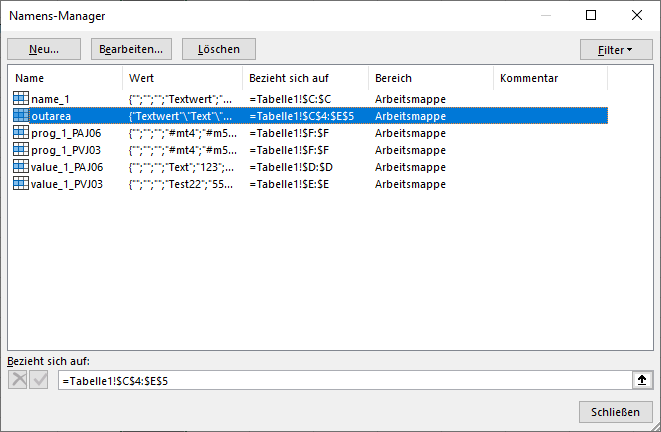 Zeigt den 'Namens-Manager' von MS Excel mit den Schaltflächen 'Neu...', 'Bearbeiten...' und 'Löschen' und einer Liste von Namen wie 'name_1', 'outarea', 'prog_1_PAJ06', 'prog_1_PVJ03', 'value_1_PAJ06' und 'value_1_PVJ03' mit den Spalten 'Name', 'Wert', 'Bezieht sich auf', 'Bereich' und 'Kommentar'.
