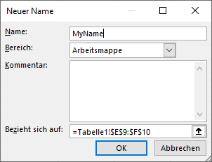 Zeigt den Dialog 'Neuer Name' von MS Excel mit den Feldern 'Name' (Wert 'MyName'), 'Bereich' (Wert 'Arbeitsmappe'), 'Kommentar' und 'Bezieht sich auf' und den Schaltflächen 'OK' und 'Abbrechen'.