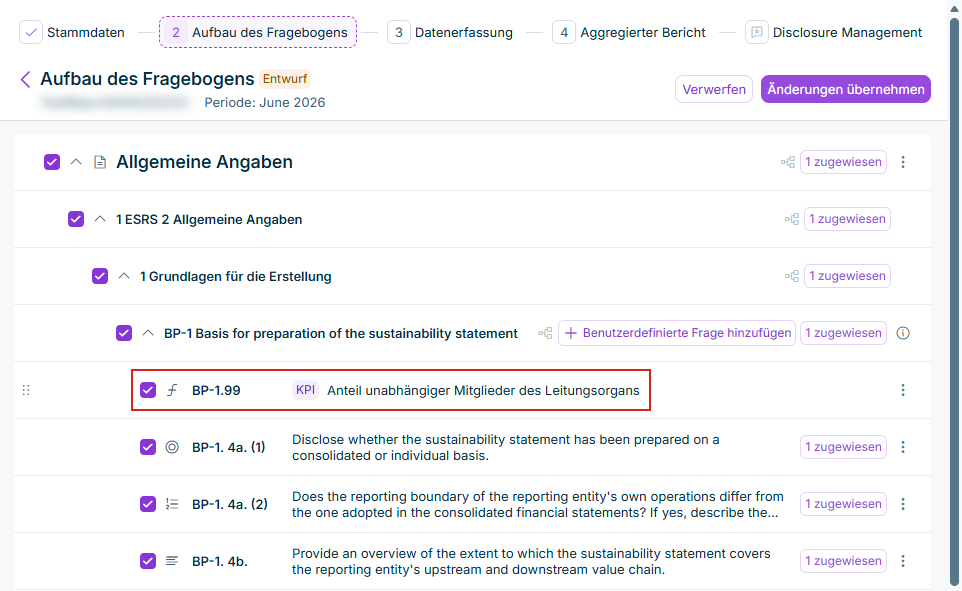 Der Aufbau des Fragebogens mit dem neuen KPI am Anfang der Offenlegungspflicht BP-1, mit Formelsymbol und KPI-Badge.