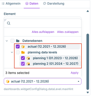 Die Option 'Datenebene' mit der geöffneten Liste und drei gewählten Datenebenen.